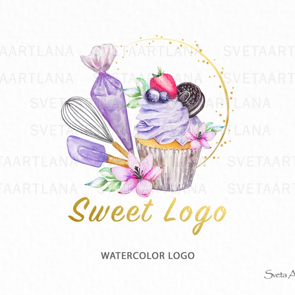 Premade Watercolor Cupcake Bakery Logo Design. Purple Cup Cake Logo | Dessert Logo | Whisk Logo | Violet Baking Logo | Food Logo