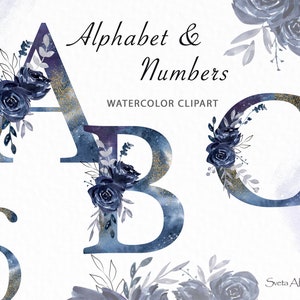 Alfabeto Floral em Aquarela | Letras Azul Escuro com Flores | Iniciais Celestiais | Monograma de Decoração de Casamento | Números Florais Azuis PNG