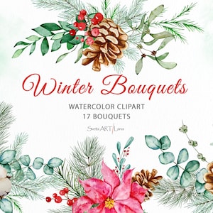 Buquês de vegetação de inverno em aquarela | Floral de Natal | Buquê de azevinho | composição de visco | decoração de abeto png | design de convite de inverno