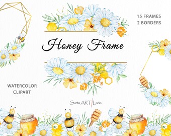 Clipart cadres aquarelle miel | Bordures marguerites png | Fleurs d'été des cliparts | Couronne d'abeilles | Clipart floral camomille | Cadres dorés png