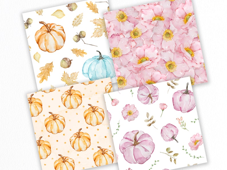 Pumpkins and Flowers Digital Paper | Watercolor Pastel Pumpkin Seamless ...