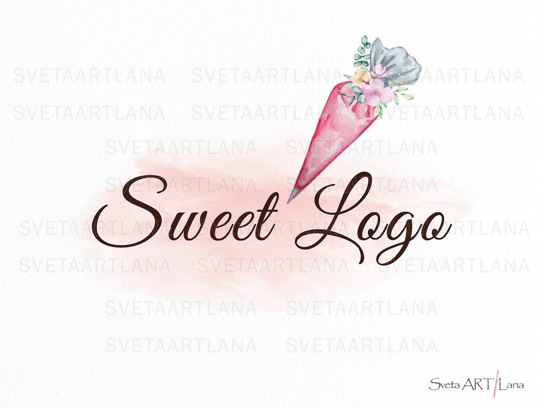 Premade Pink Piping Bag Logo. Watercolor Sweet Logo Treats Logo Design