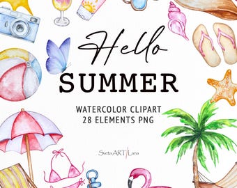 Watercolor Summer Clipart | Beach Clipart | Tropical Design png | Seasonal Clipart | Holiday Pool Party Set | Summer Vibes | Travel Clipart