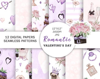 Papiers numériques romantiques | Modèle sans couture aquarelle Saint Valentin | Papiers de mode | 14 février Patrons | Papier pour scrapbooking Cœurs violets