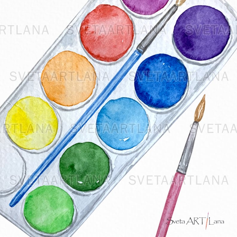 May include: A watercolor paint set with a variety of colors, including yellow, orange, red, blue, green, and purple. Two paintbrushes are included, one with a blue handle and one with a pink handle.