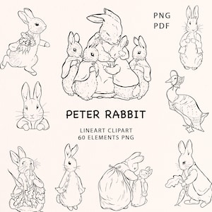 Peter Rabbit Line Art Clipart | Black and White Peter Rabbit PNG | Beatrix Potter Characters | Cute bunny coloring pages pdf | baby nursery