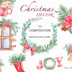 Acuarela Clásica Navidad Clipart / Acogedora composición navideña clipart / Marco de Navidad tradicional / PNG floral de invierno / Flores de invierno