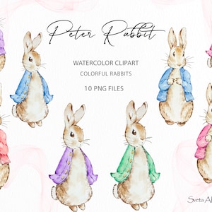 Aquarell Peter Kaninchen Clipart PNG | Beatrix Potter Transparente Kunst Bilder | Babyparty Design | Kinderzimmer Dekor | Flopsie Kaninchen | bunt