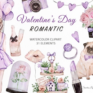 Clipart del día de San Valentín morado / Tiempo romántico en acuarela / Ilustración de moda de niña png / Pegatinas de planificador de amor / Clipart de San Valentín violeta