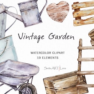 Aquarel tuingereedschap clipart | Houten kisten | grijze oude emmers | Vintage stijl tuinwagen clipart | tuingereedschap | boerderij clipart