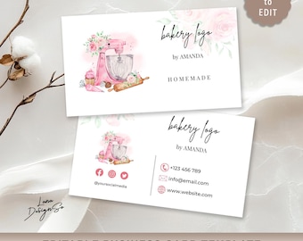 May include: Two white business card templates featuring a watercolour illustration of a pink stand mixer, flowers, and baking tools. The text reads bakery logo by AMANDA, HOMEMADE, contact icons with +123 456 789, info@email.com, and www.website.com.