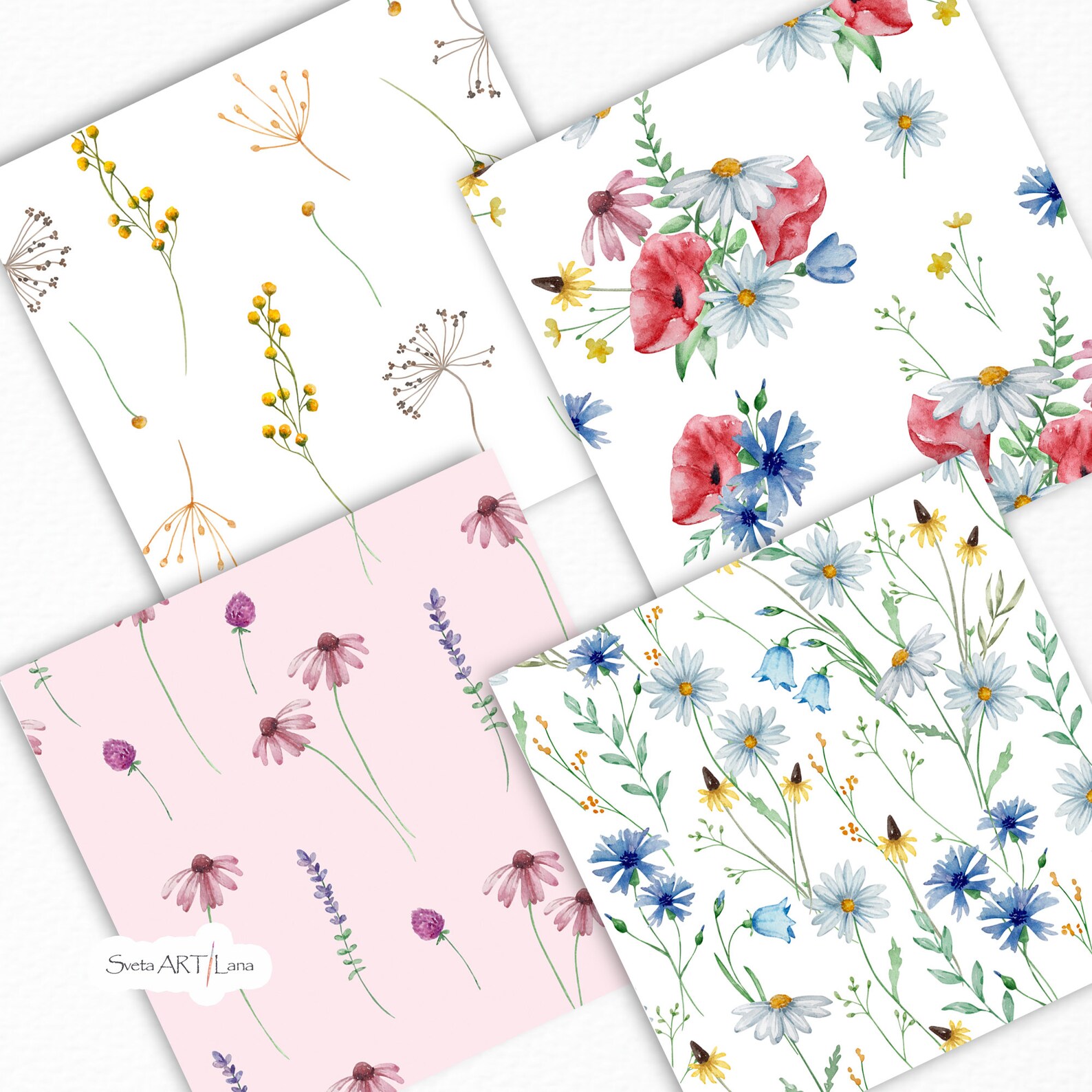 Wildflowers Digital Papers | Seamless Patterns Botanical | Watercolor ...
