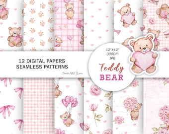 Cute Teddy bear digital paper | Watercolor teddy bear seamless pattern | nursery baby pink paper | boho teddy bear | teddy bear scrapbook