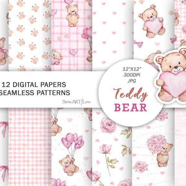 Teddy bear digital paper | Watercolor Valentines teddy bear seamless pattern | nursery baby paper | boho teddy bear | teddy bear scrapbook