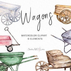 Clipart akwarelowych wozów ogrodowych i wózków | Czerwony wóz | Drewniany wózek | Clipart rustykalny | Projekt wiosenny | Projekt domu wiejskiego | Clipart zbiorów