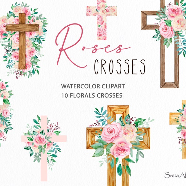 Watercolor floral crosses clipart | Religious easter clipart png | Baptism wooden crosses | Blush pink Roses Crosses | First Communion baby
