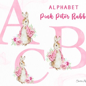 Flopsie Kaninchen Rosa Blumen Alphabet Clipart | Aquarell Alphabet PNG | Peter Rabbit 26 Buchstaben | Rosa Blumenbuchstabe | Monogramm Initialen PNG