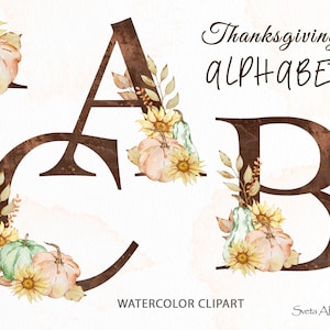 Alfabeto de calabaza en acuarela, clipart / Letras boho / Alfabeto floral otoñal / Iniciales de monograma PNG / Monograma de boda / Carta de Acción de Gracias
