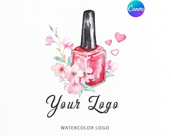 Könnte beinhalten: Aquarell-Logo-Design mit einer roten Nagellackflasche mit schwarzem Deckel, umgeben von rosa Blüten und grünen Blättern. Der Text "Your Logo" ist in einer kursiven Schrift unterhalb der Flasche geschrieben, mit den Worten "Watercolor Logo" darunter.