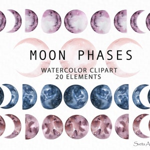 Clipart di fasi lunari ad acquerello / Set di magia lunare / Galassia ad acquerello / Luna crescente png / Illustrazioni di luna piena / Clipart celeste