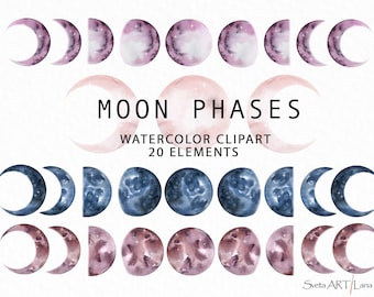 Watercolor Moon Phases Clipart | Lunare Magic Set | Watercolor Galaxy Planet png | Crescent png | Full Moon Clipart | Boho Celestial clipart