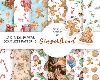Christmas Gingerbread Digital Paper | Watercolor Christmas Candy Patterns | Winter Greenery Digital Paper | Christmas Sweet Seamless Pattern