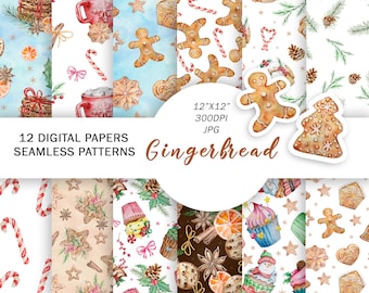 Christmas Gingerbread Digital Paper | Watercolor Christmas Candy Patterns | Winter Greenery Digital Paper | Christmas Sweet Seamless Pattern