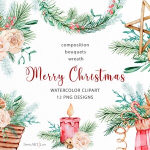 Clipart de Natal em aquarela | Clipart de arranjos de inverno para férias | Guirlanda de Natal | Buquês florais de inverno | Moldura de Natal clássica png