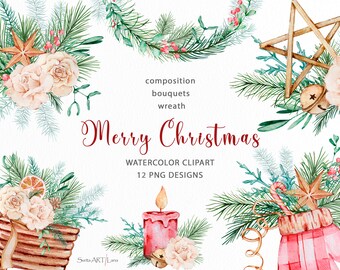 Aquarell Weihnachts Clipart | Urlaub Winter Kompositionen Clipart | Weihnachtskranz | Winter Blumensträuße | Klassischer Weihnachtsrahmen png