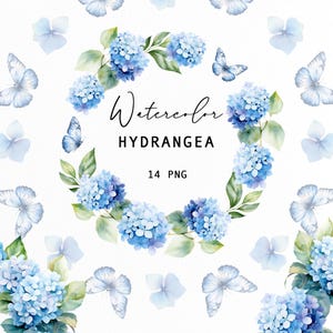 Watercolor Blue Hydrangea Frames Clipart | Blue flowers wreath png | Watercolor floral clipart | Farmhouse design png | wedding flower decor