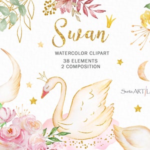 Aquarel zwaanprinses clipart | Kwekerijclipart | Romantische clipart | bladgoud | Elegante vogelaquarel | Bloemen clipart | Dieren-png