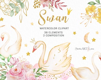 Watercolor Swan Princess Clipart | Nursery Clipart | Romantic Clipart | Gold Leaves | Elegant Bird Watercolor | Flowers Clipart | Animal png