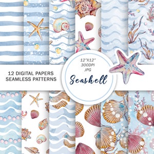 Carte digitali con conchiglie acquerellate / Motivi tropicali senza soluzione di continuità / Carte estive nautiche / Decorazione marina / Sfondo oceano / Carte blu