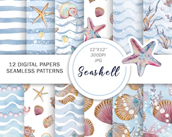 Watercolor seashells digital paper | Tropical seamless patterns | Nautical Summer paper | Sea decoration | Ocean Background | Blue paper