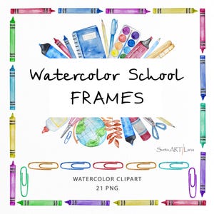 Può includere: Illustrazione ad acquerello con un bordo di pastelli colorati che incornicia materiali scolastici. L'immagine include un quaderno, un set di colori, un mappamondo e il testo "Watercolor School FRAMES" e "Watercolor Clipart 21 PNG".