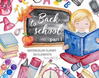 Clipart aquarelle scolaire | clipart enfants | clipart éducatif | clipart de professeur | clipart salle de classe | Fournitures scolaires png | retour à l'école