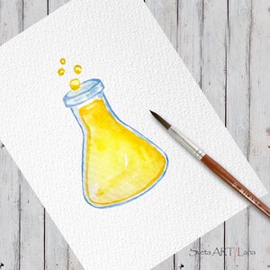 May include: Watercolor painting of a yellow liquid in a laboratory flask with blue outlines. Bubbles float above the flask. A paintbrush rests on the paper. The artwork is on a white textured paper.