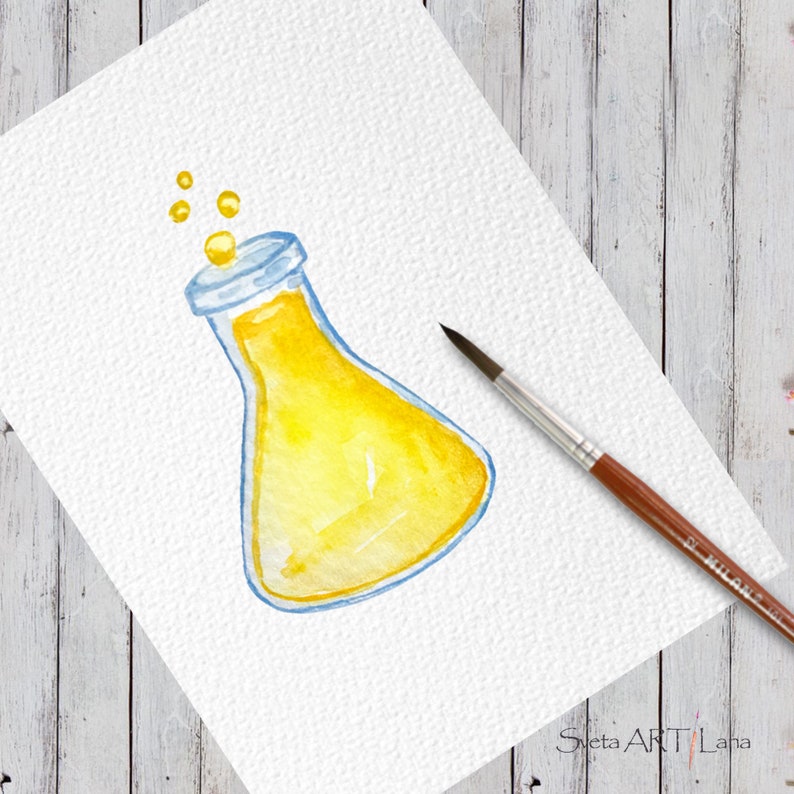 May include: Watercolor painting of a yellow liquid in a laboratory flask with blue outlines. Bubbles float above the flask. A paintbrush rests on the paper. The artwork is on a white textured paper.