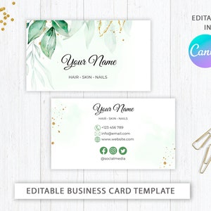 Sjabloon voor groen elegante visitekaartjes | Aangepast visitekaartje bewerkbaar | Ontwerp afdrukbaar visitekaartje | Aquarel eucalyptusbladeren