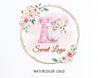 May include: A watercolour logo design featuring a pink stand mixer with a glass bowl, surrounded by pink and white roses with green leaves inside a thin gold circular frame. The text Sweet Logo is written in gold script below the mixer.