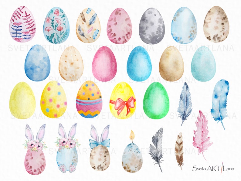 Watercolor Easter Eggs Clipart | Cute Bunny Ears | Spring Clipart ...