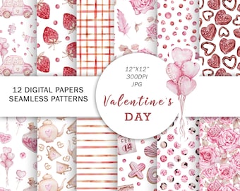 Watercolor Valentines Digital Papers | Valentine seamless pattern | Cute Pink Paper Crafts | Love paper | Flowers paper | Romantic print