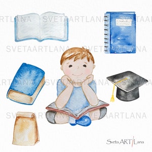 May include: Watercolor illustration of a child reading a book, surrounded by school-related items. Includes an open book, a blue notebook, a graduation cap, and a brown paper bag. The image has a soft, pastel color palette.