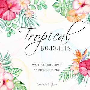 Watercolor Tropical Flowers and Leaves Bouquets Clipart | Monstera leaves | palm leaves | Hibiscus flowers png | Exotic floral arrangement