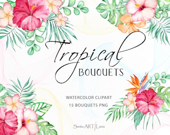Imágenes prediseñadas de ramos de flores y hojas tropicales de acuarela / Hojas de monstera / Hojas de palma / Flores de hibisco png / Arreglo floral exótico