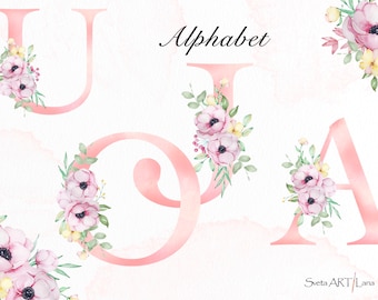 Watercolor Pink Alphabet Clipart | Flowers Lettters | Boho Letters | Spring Floral Alphabet | Monogram Initials PNG | Wedding Decor Monogram