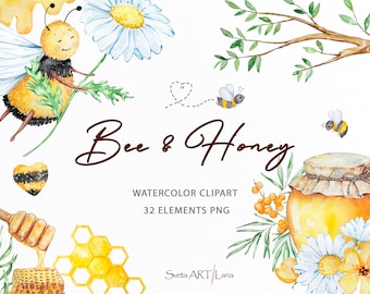 Watercolor Honey and Bee Clipart | Daisy Floral png | Honey Dipper | Honeycomb | Honey Jar Watercolor | Little Honey Bee png | Nursery Sweet