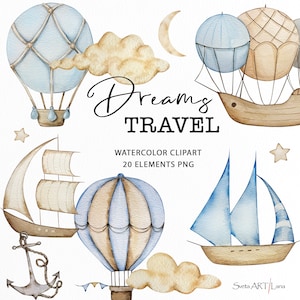 Aquarel clipart heteluchtballon en boten | Neutrale kinderafbeeldingen | Beige babykamer clipart | Reisontwerp, png | zeilboot clipart