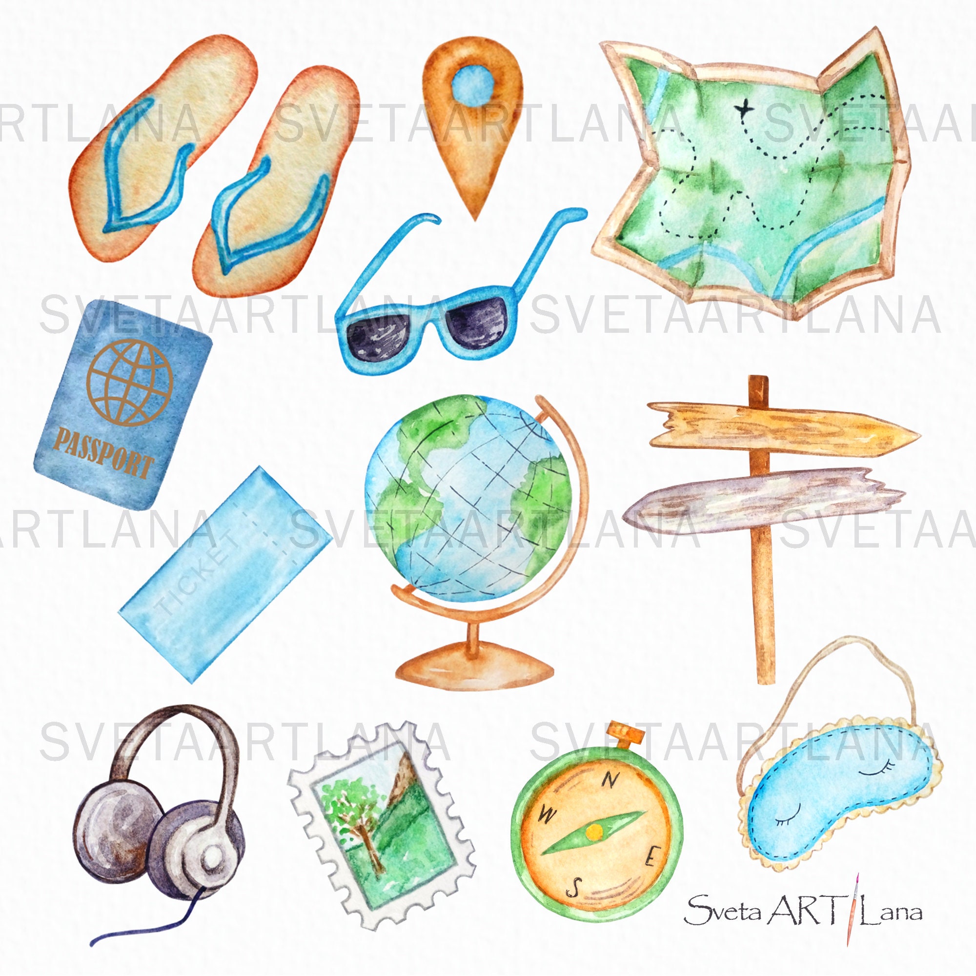 Travel Watercolor Clipart Digital Clipart Summer Holiday - Etsy