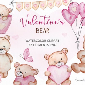Aquarell Teddy Bär Valentinstag Clipart | Kleine Bären png | Herz Valentinstag png | Luftballons Liebe | Aquarell süße Tiere Clipart